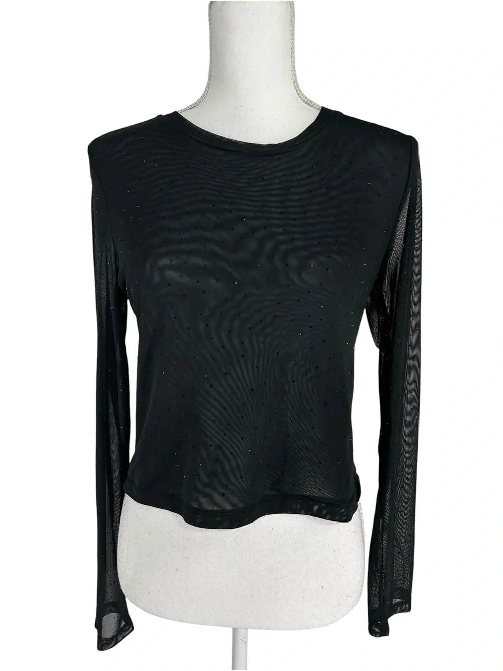 MADDEN GIRL / Black Sheer Long Sleeve Top / Tiny Rhinestone / Small (Estimated)
